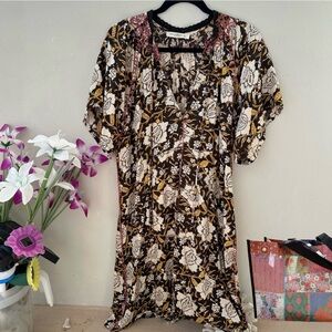 Boho Floral NATURAL LIFE Midi Dress with Crochet Trim